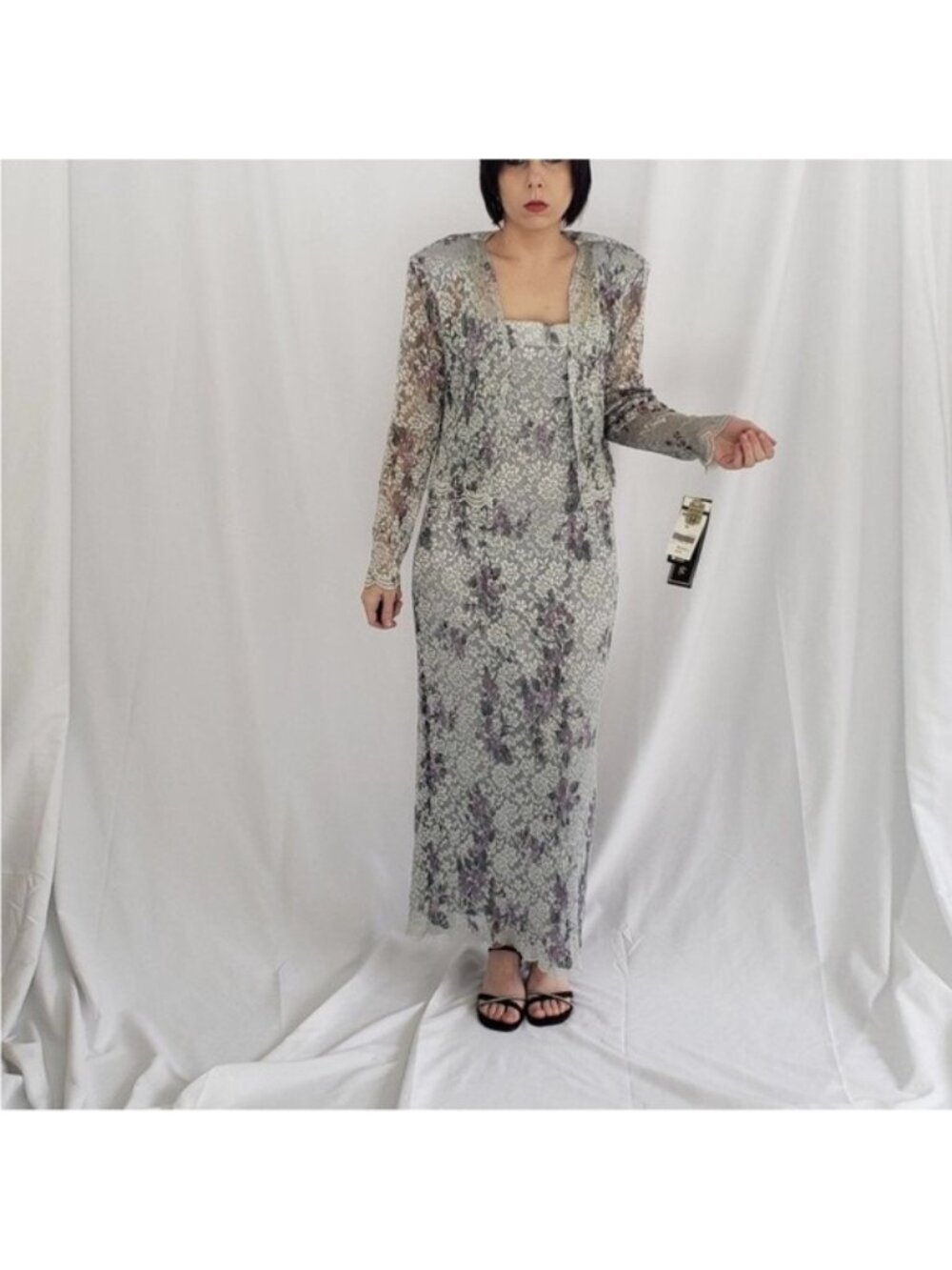 Floral Lace Maxi Slip Dress in Light Gray and Lavender